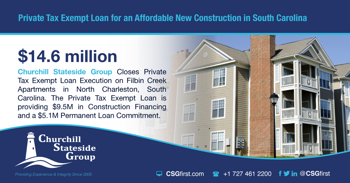 Churchill Stateside Group Closes Private Tax Exempt Loan providing $9.5M in Construction Financing and a $5.1M Permanent Loan Commitment.