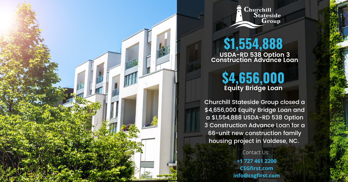 Churchill Stateside Group Closes on a $1,554,888 USDA-RD 538 Opt 3 Construction Advance Loan and $4,656,000 Equity Bridged Loan for a Family Housing Project in Valdese, NC.