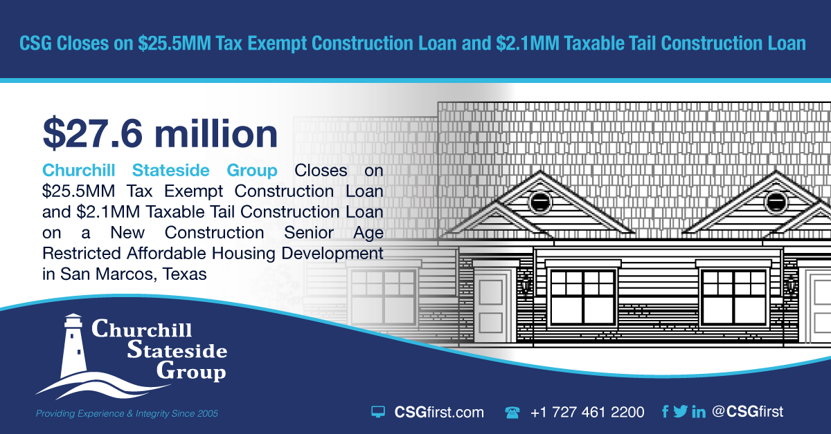 Churchill Stateside Group Closes on $25.5MM Tax Exempt Construction Loan and $2.1MM Taxable Tail Construction Loan on a New Construction Senior Age Restricted Affordable Housing Development in San Mar